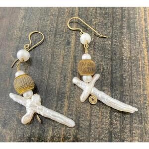 Vintage Detailed Baroque Freshwater Cross Shape Pearl Earrings